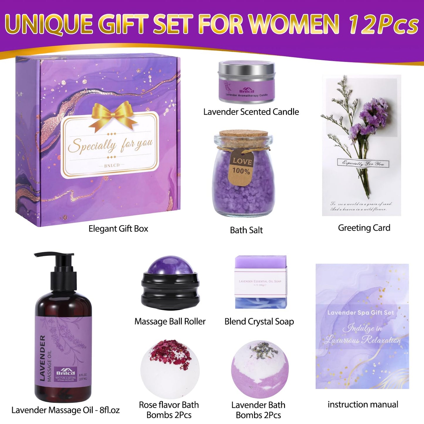 Luxury Bath Gift Set for Women, 12 Pcs Relaxing Lavender Spa Gifts for Women, Self Care Gifts For Mom Wife Girlfriend Sister - Happy Birthday, Christmas, Valentine's Day, Mothers Day Gifts