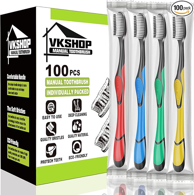 100 Bulk Charcoal Toothbrushes, Individually Wrapped Travel Toothbrush Set for Adults Kids, Disposable Manual Toothbrushes Set (4 Colors)