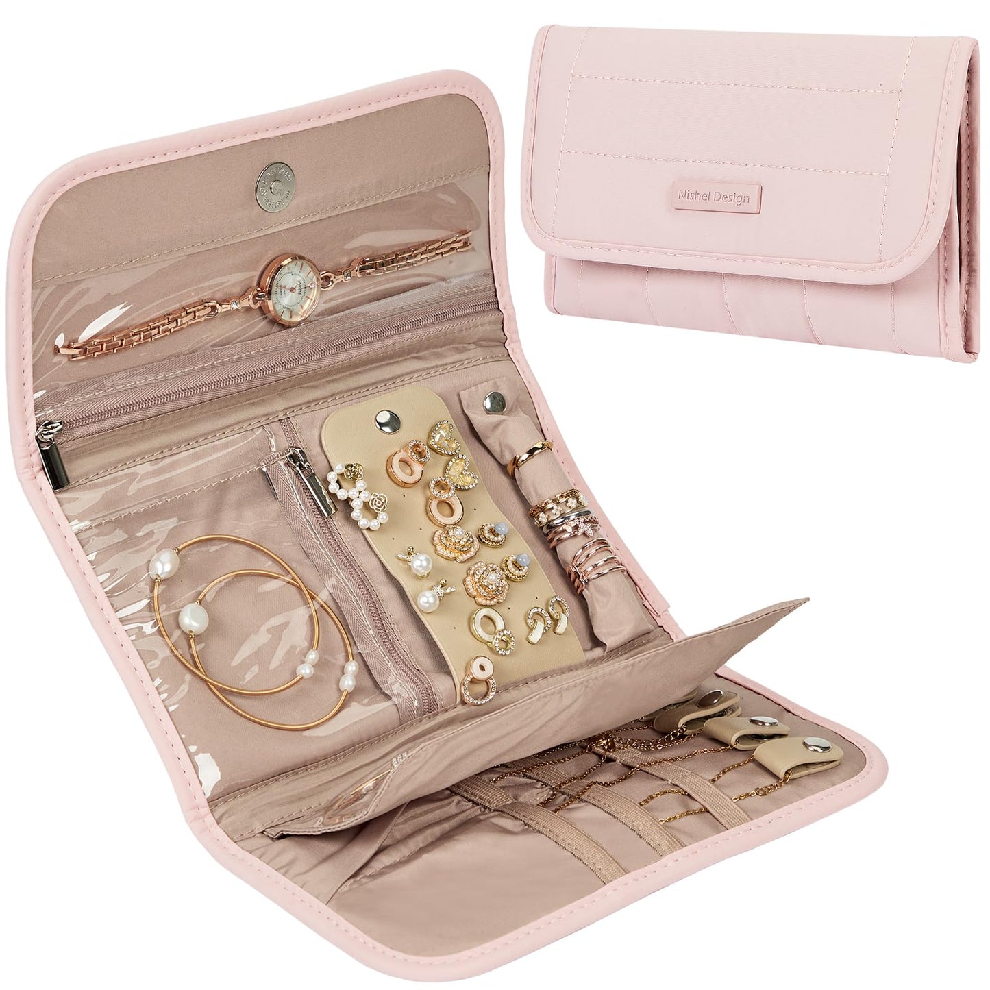 NISHEL Travel Jewelry Organizer Case, Foldable Storage Roll for Necklaces, Earrings, Bracelets, Rings, Watch, Pink