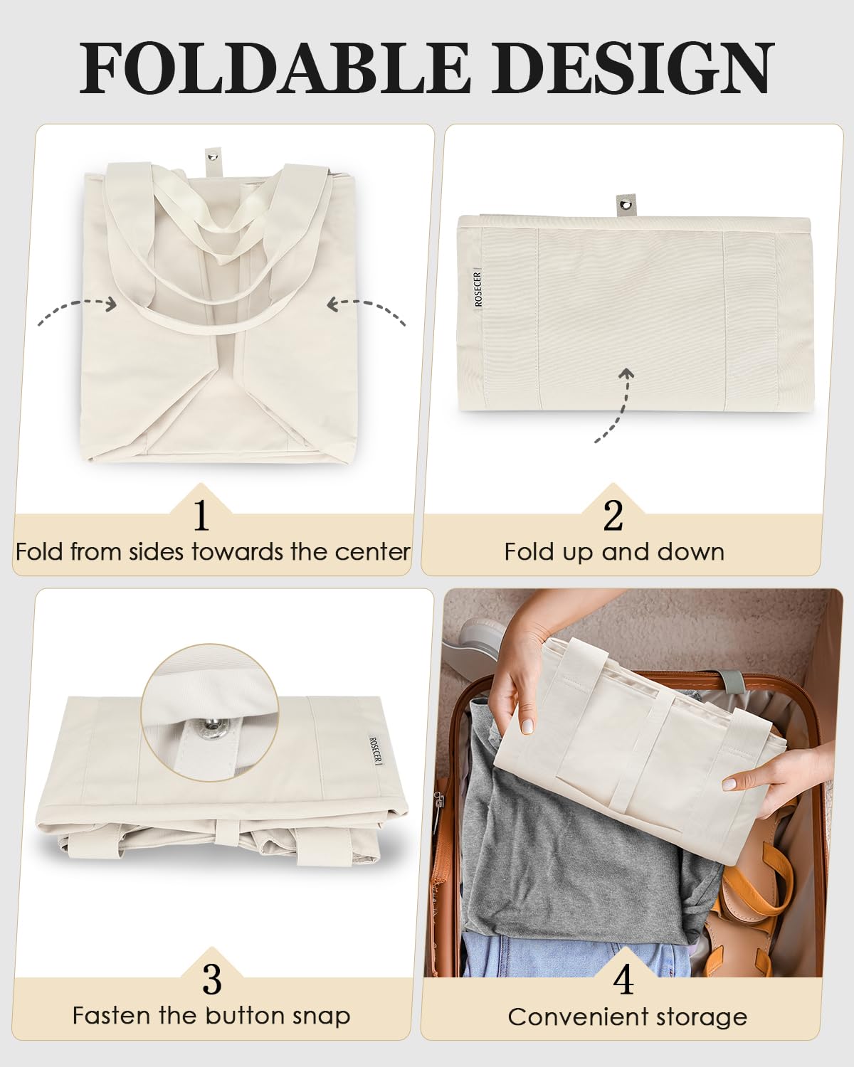 ROSECER Extra Large Tote Bag for Women, Foldable Beach Bag with Wet Pocket, Waterproof Weekender Overnight Bag for Travel, Gym, Hospital, Swim, Nurse, Beige