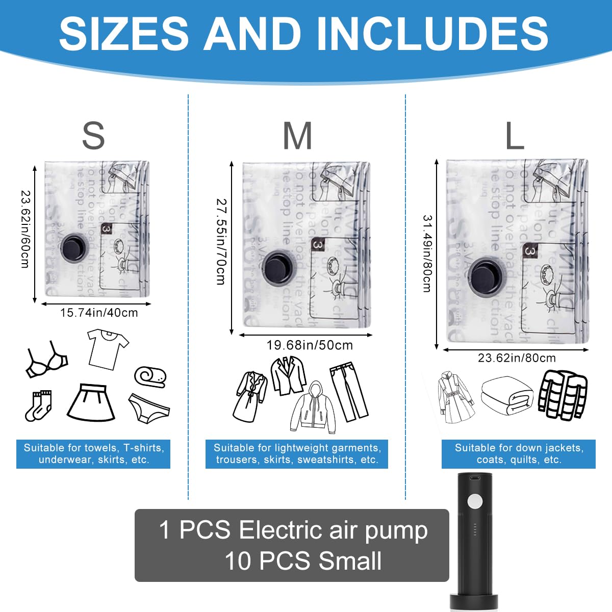 Space Saver Vacuum Storage Bag With Pump for Clothing,Travel Vacuum Seal Bag Vacuum Packing Bags for Luggage, Blankets, Bedding and Home Storage (10 Small)