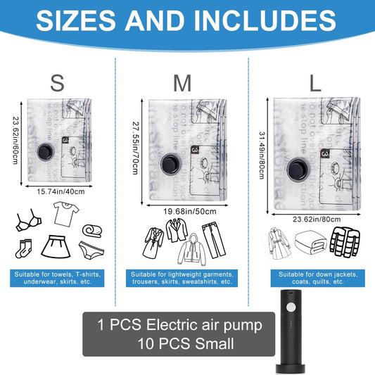 Space Saver Vacuum Storage Bag With Pump for Clothing,Travel Vacuum Seal Bag Vacuum Packing Bags for Luggage, Blankets, Bedding and Home Storage (10 Small)