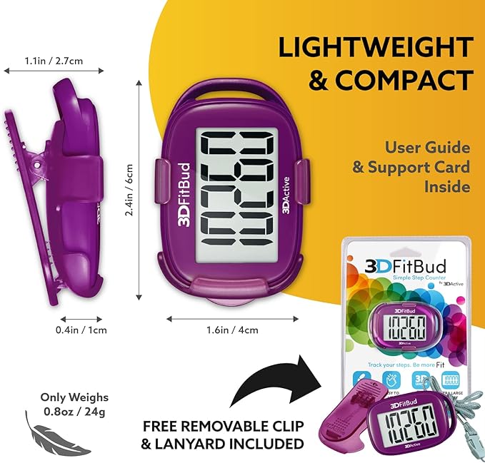 3DFitBud Simple Step Counter Walking 3D Pedometer by 3DActive with Clip, Lanyard Accurate Fitness Tracker for Men, Women & Elderly Daily Exercise - A420S