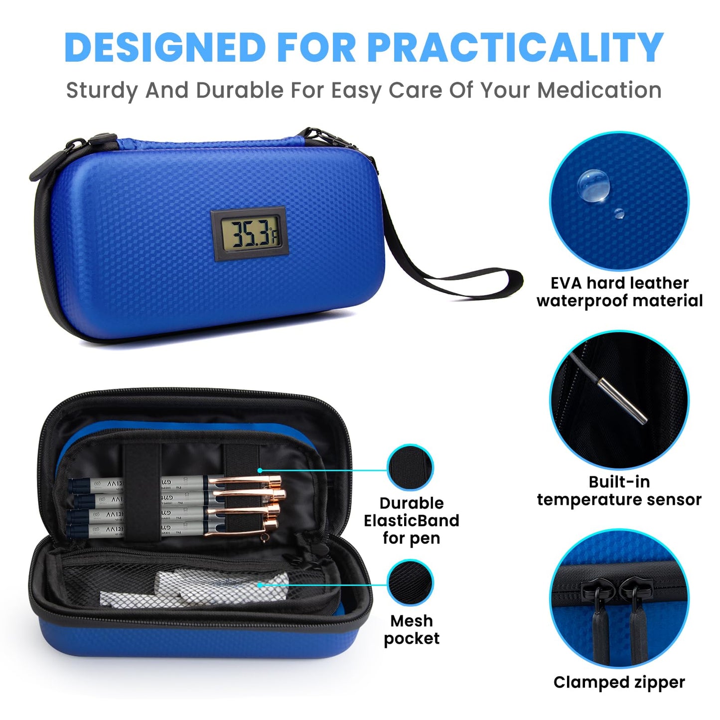 MOSKESON Insulin Cooler Travel Case - TSA Approved Medication Diabetic Cooler for Travel with Thermometer Temperature Display Refrigerated Medicine Organizer Bag with 2 Ice Pack Blue