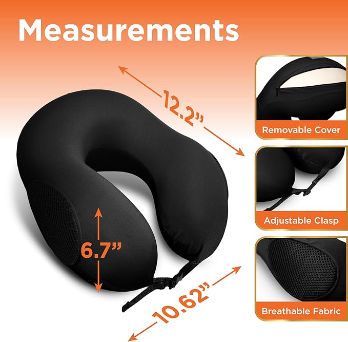 BLACK+DECKER Memory Foam Travel Neck Pillow Travel Pillow for Plane, Car & Train| Ice Silk Cooling Fabric, Ergonomic Design, Neck Support, Washable Cover,Black