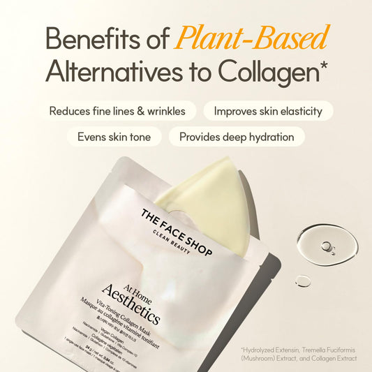 THE FACE SHOP Vita-Toning Vegan Collagen Face Mask, Korean Glass Skin Essential, Hydrogel Mask for Moisturizing & Skin Elasticity, Improves Uneven Tone, 4EA