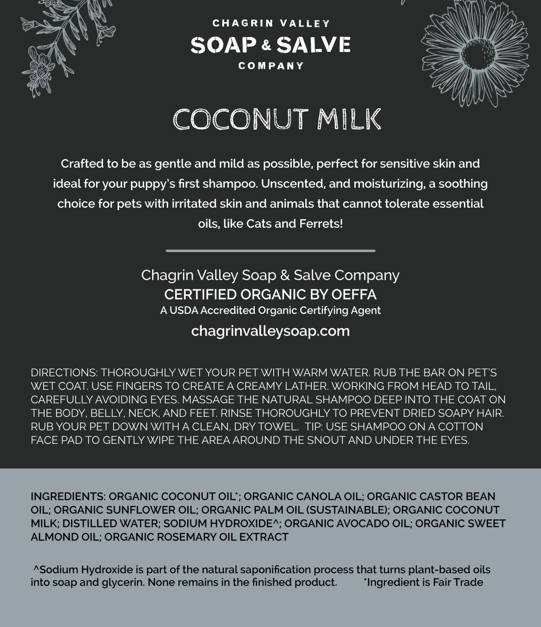 Chagrin Valley Soap & Salve Certified Organic Dog Shampoo and Conditioner – Dog Shampoo Itchy Skin Relief and Puppy Essentials - Natural Handmade Coconut Milk, 3.8 oz Bar