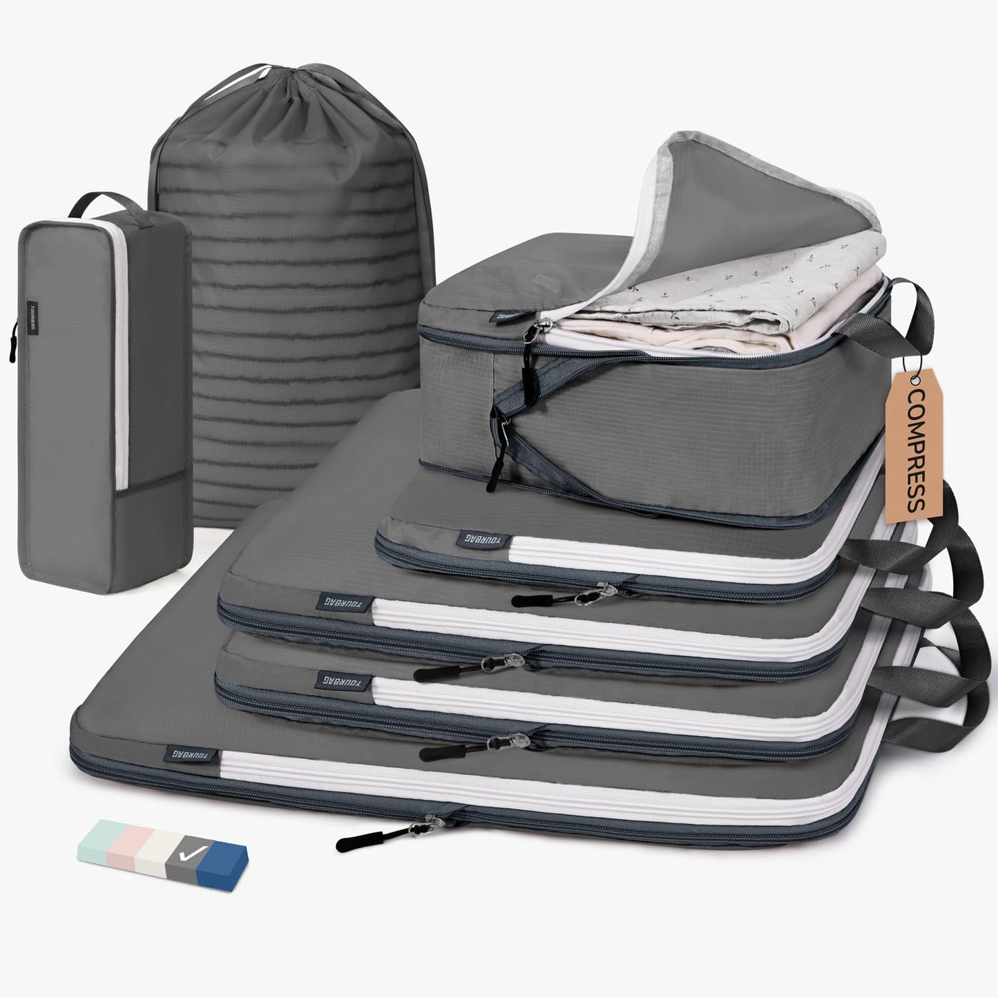 CherryNow Compression Packing Cubes, 7 Set Packing Cubes Compression, Travel Essentials, Travel Organizer for Shoes, Clothing, Grey