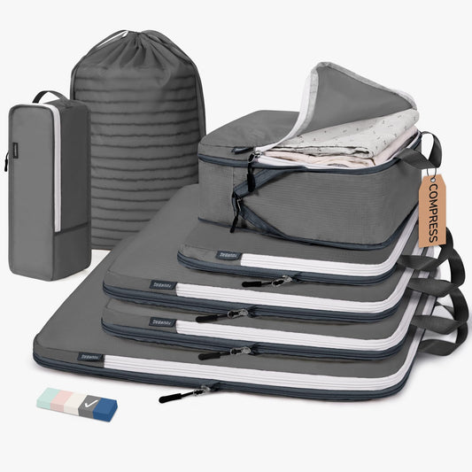 CherryNow Compression Packing Cubes, 7 Set Packing Cubes Compression, Travel Essentials, Travel Organizer for Shoes, Clothing, Grey