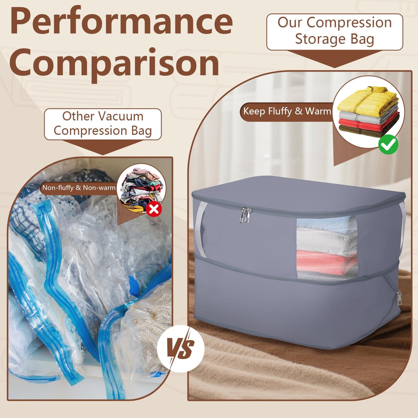 Compression Storage Bags for Clothes, Foldable Reusable Organizers for Down Coats, Comforters, Beddings, Blankets, Self Compression Packing Cubes Space Saver Bags with Dual Zippers, 2 Pack, 40 L, Gray