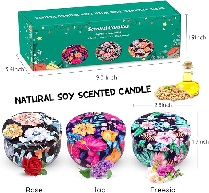 3 Packs Scented Candles Set for Christmas Thanksgiving, Natural Soy Wax Portable Travel Tin Candle, Aromatherapy Gift for Friends Classmates Colleague
