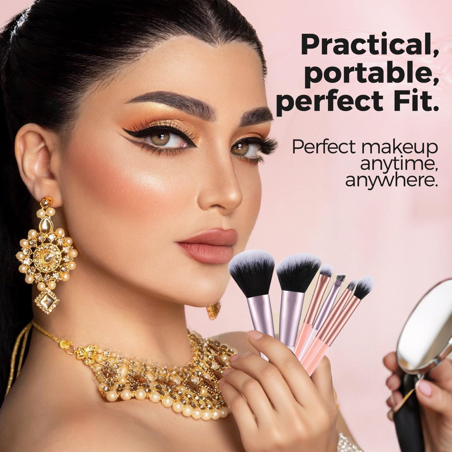 MOGILAN Travel Makeup Brush Set – Portable 6PCS Mini Cosmetic Brushes for Foundation, Concealer, Eyeshadow, Blush, Powder, Contour & Highlight, On-the-Go Makeup Brush Kit with Travel Case