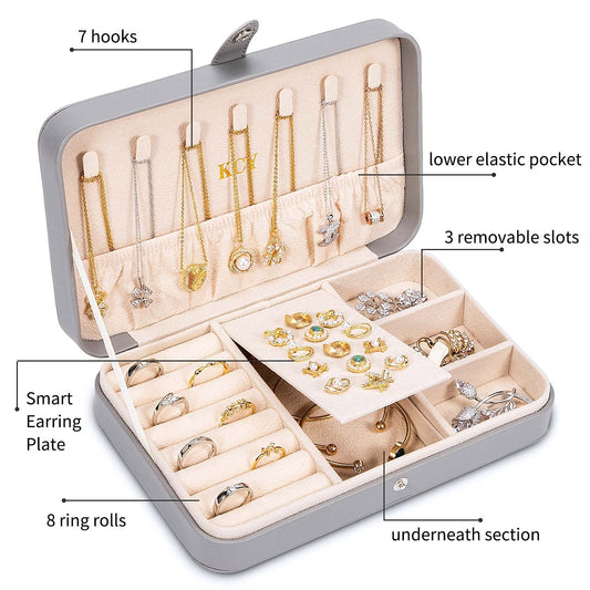 KCY Travel Jewelry Organizer Box for Women Girls, Small Travel Jewelry Case, PU Leather Portable Jewellery Storage Boxes Display Holder for Ring Earrings Necklace Bracelet Bangle, Gifts,Grey