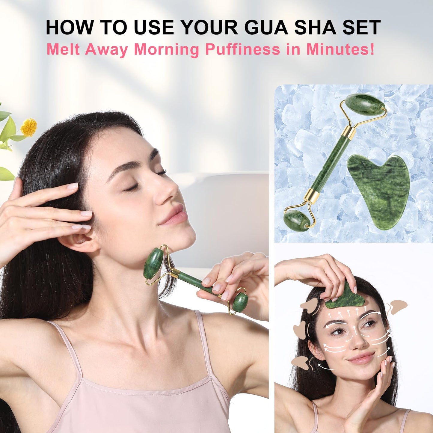 BOPURLE Gua Sha and Jade Roller Facial Tools for Face, Upgraded Face Roller for Wrinkles and Lifting, Face Massager and Gua Sha Set for Puffiness and Skin Care, Guasha Tool for Women and Men (Green)