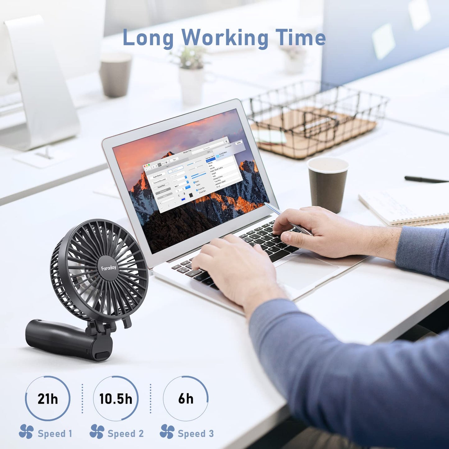 FARADAY Personal Hand Held Fan 4800mAh Travel Cooling Fan Powerful Small Portable Fans Rechargeable Battery Operated Desktop Table Fan for Traveling Hiking, 3 Speed, 6-21 Hours,Black