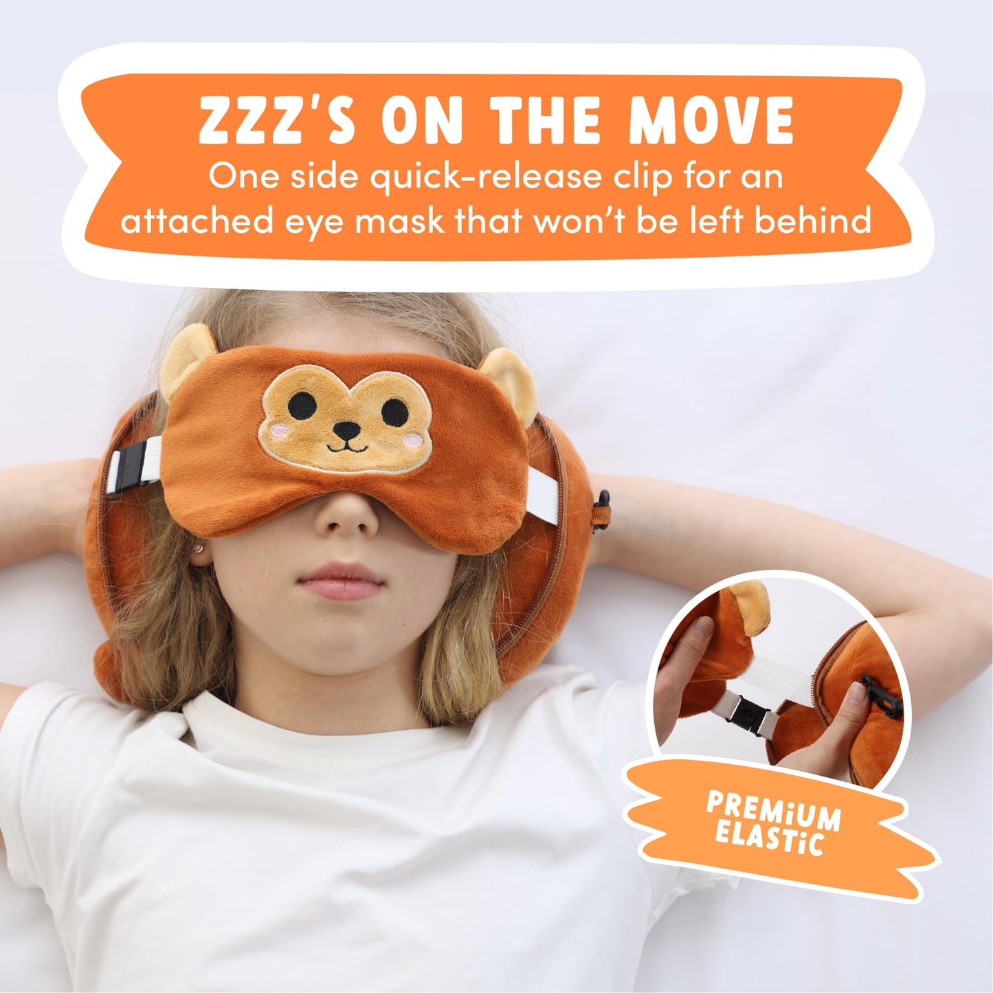 ecoZen Lifestyle Travel Pillow Set with Eye Mask - Comfort for Traveling Kids - Soft and Supportive Kids Sleep Mask Neck Pillow for Plane, Car, or Train Journeys - Monkey Design