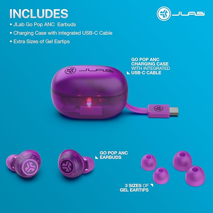 JLab Go Pop ANC True Wireless Earbuds & Charging Case, Transparent Purple, Active Noise Cancelling, 10mm Drivers, Dual Connect, Customize Your Sound with App, Be Aware Mode, MEMS Microphone