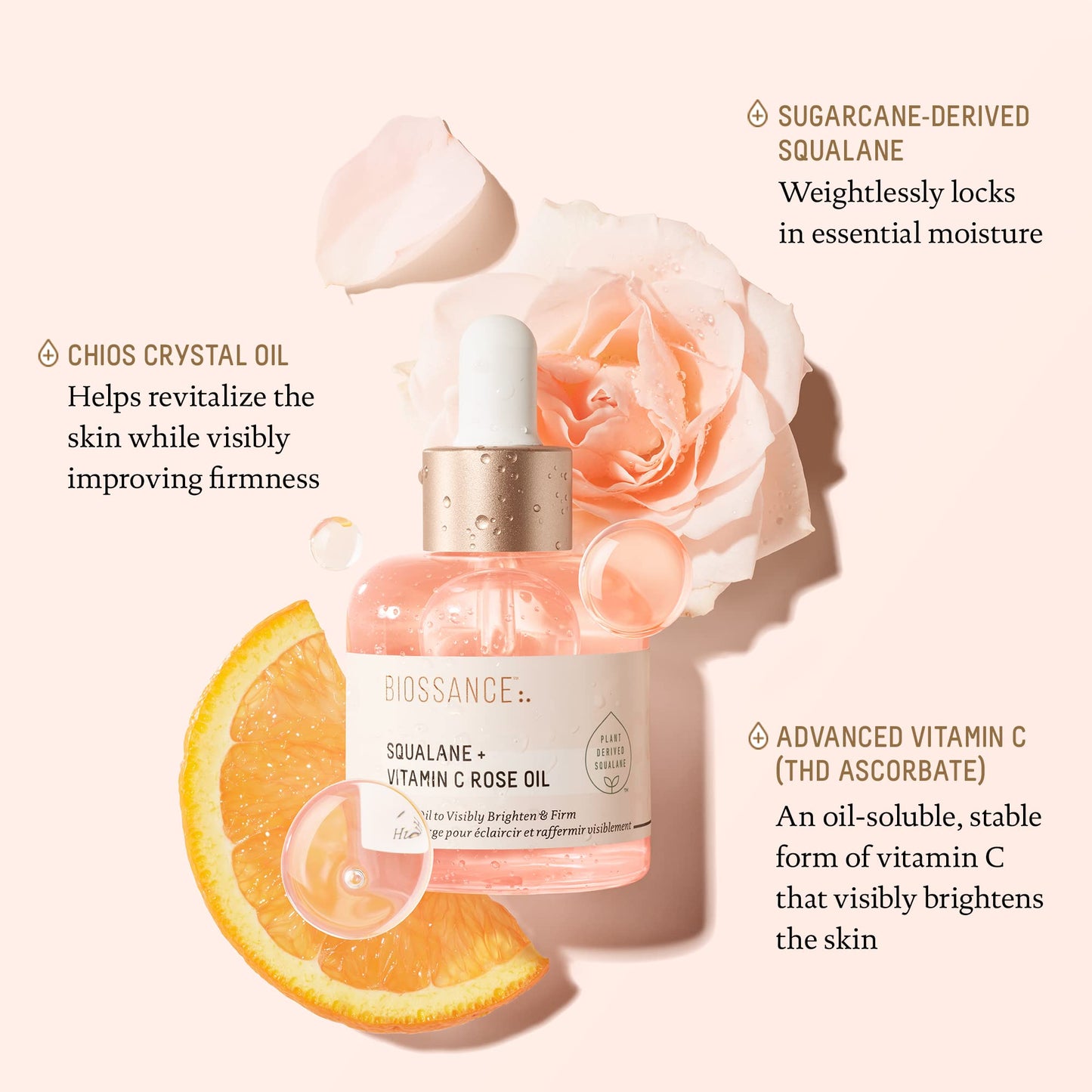 BIOSSANCE Squalane + Vitamin C Rose Advanced Facial Oil - Brightening, Firming, and Hydrating Serum for All Skin Types - Chios Crystal Oil, Damascus Rose Extract & Squalane for Radiance - 0.5oz