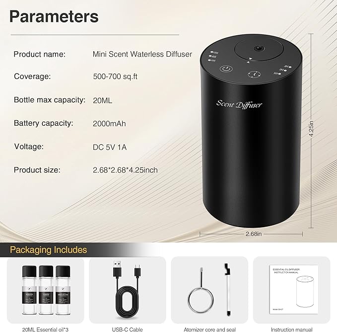 Waterless Essential Oil Diffuser Starter Kit - No Water Needed, Battery Operated Mini Scent Air Machine, Included 3x20ML Essential Oils, Portable Aromatherapy Diffuser for Home & Car, Black, 2Pack