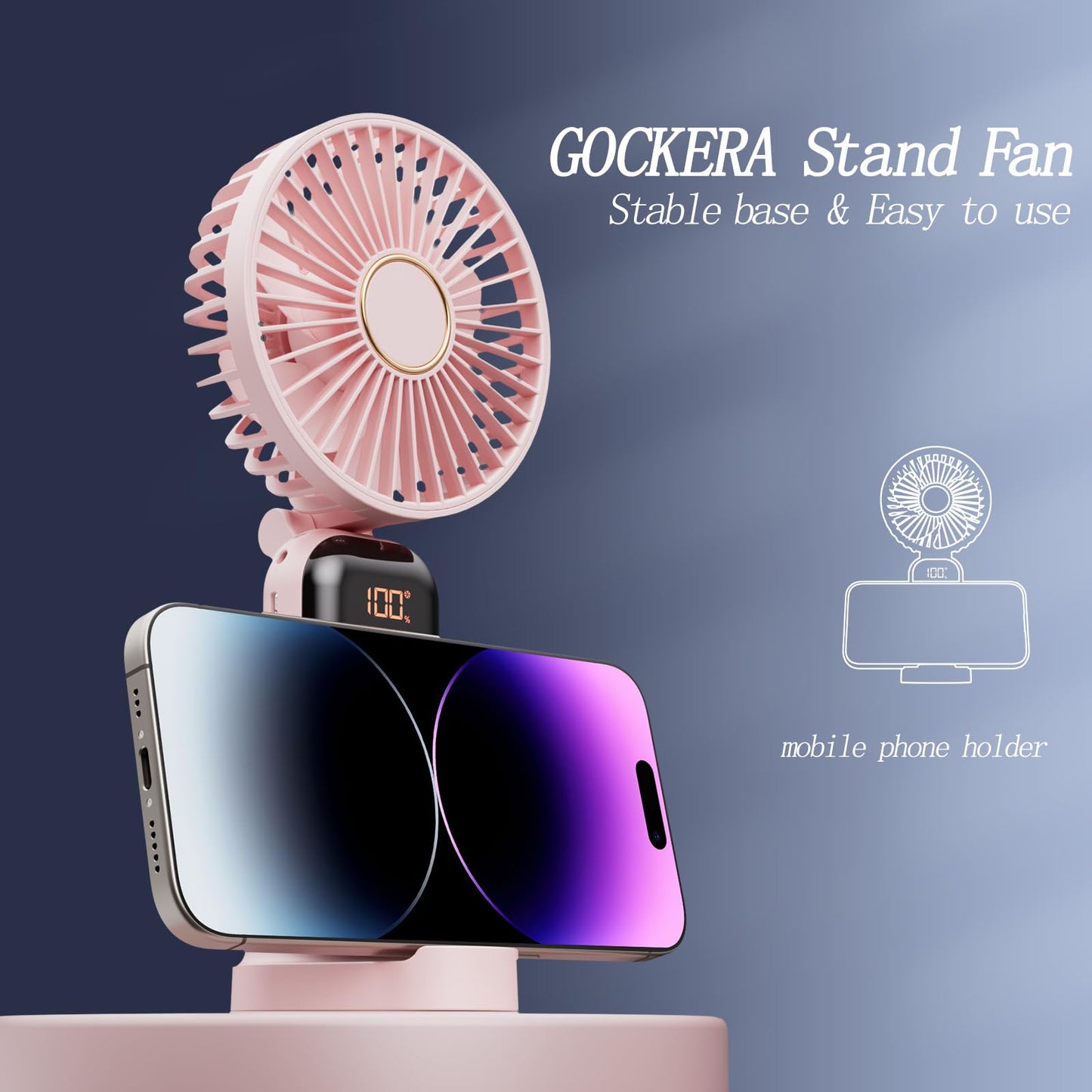 GOCKERA Portable Fan, 4200mAh Battery Operated Fan, 5 Speeds&Digital Display, Makeup Fans for Women with Base, 180°Foldable 3in1 Handheld/Neck/Desk Fan for Outdoor Indoor,Ultra Quiet (Pink)