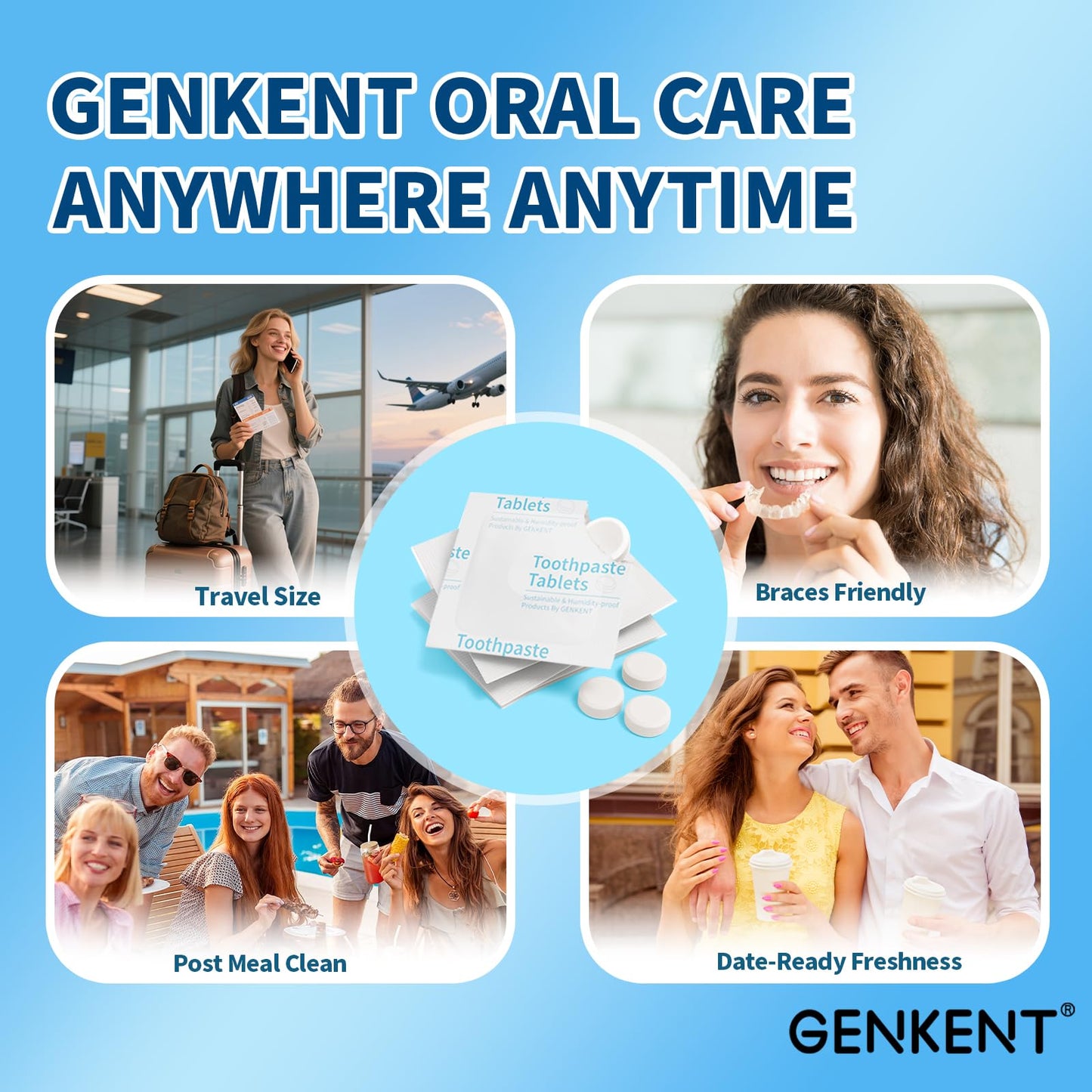 GENKENT Toothpaste Tablets, Fluoride & Plastic Free Chewable Toothpaste Tabs, Eco & Travel Friendly (60 Count)