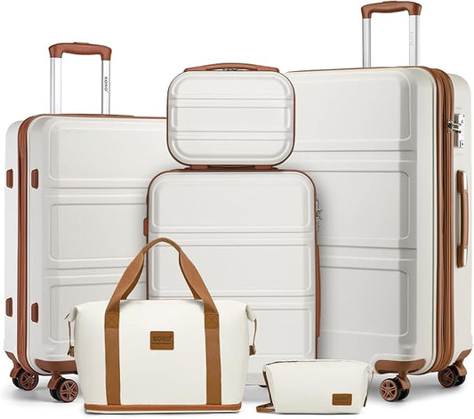 Kono Suitcase Set 3 Piece Luggage Set Expandable(only 28") Carry On Hardside Luggage with TSA Lock Spinner Wheels (Cream White, 6 piece set)