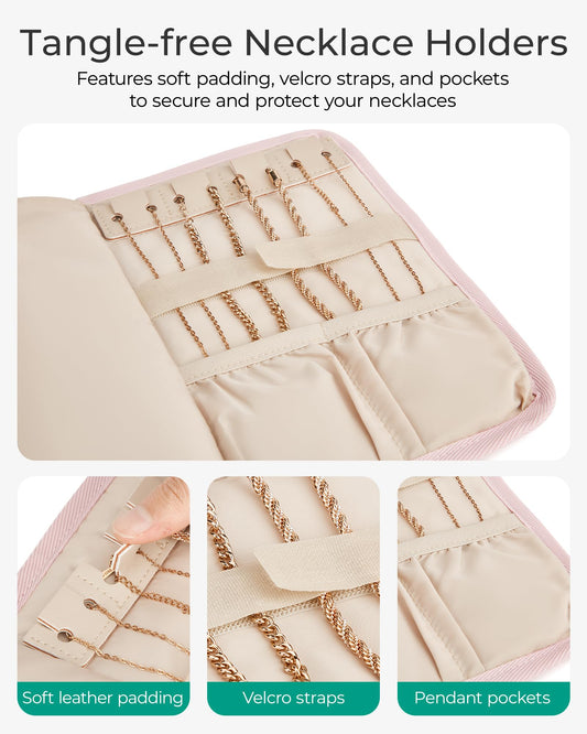 BAGSMART Travel Jewelry Organizer Case, Foldable Jewelry Roll for Necklaces, Earrings, Journey-Rings, Bracelets, Brooches, Portable, Pink