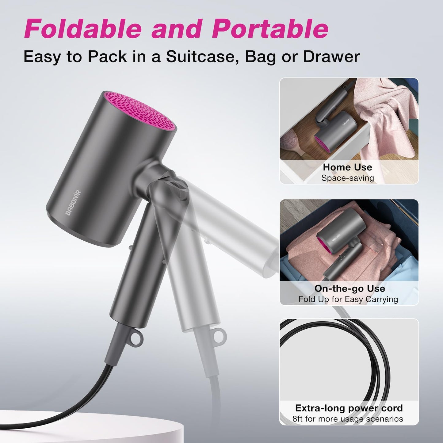 BABONIR Ionic Diffuser Hair Dryer for Curly Hair, 1875W Fast Drying Blow Dryer with Diffuser and Concentrator Nozzle, Compact & Portable Negative Ion Hairdryer Blowdryer, 3 Heat 2 Speed Settings, Gray