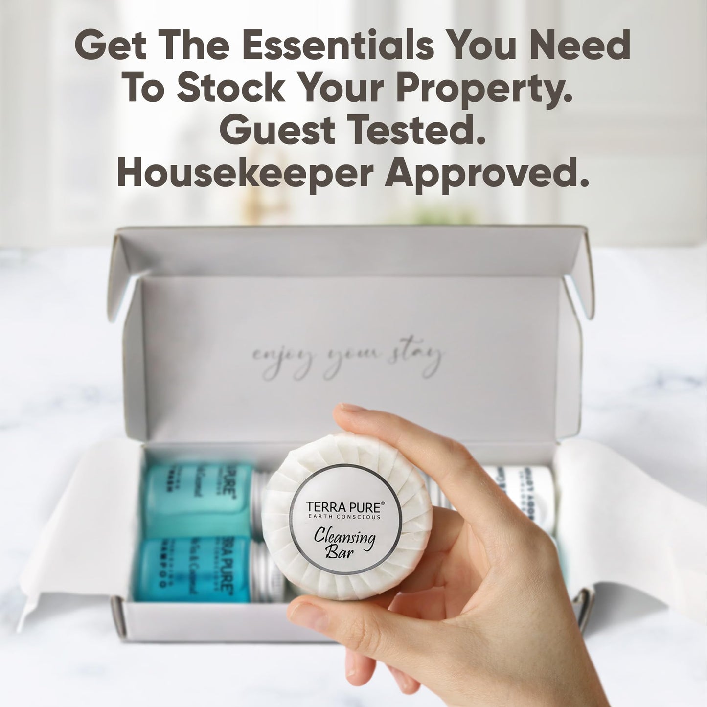 Terra Pure White Tea & Coconut Amenity Kit | Hotel Bulk Toiletries | 1 oz Shampoo, Conditioner, Lotion, Body Wash, Cleansing Bar for Guest Hospitality Vacation Rentals | 1 Set/Case