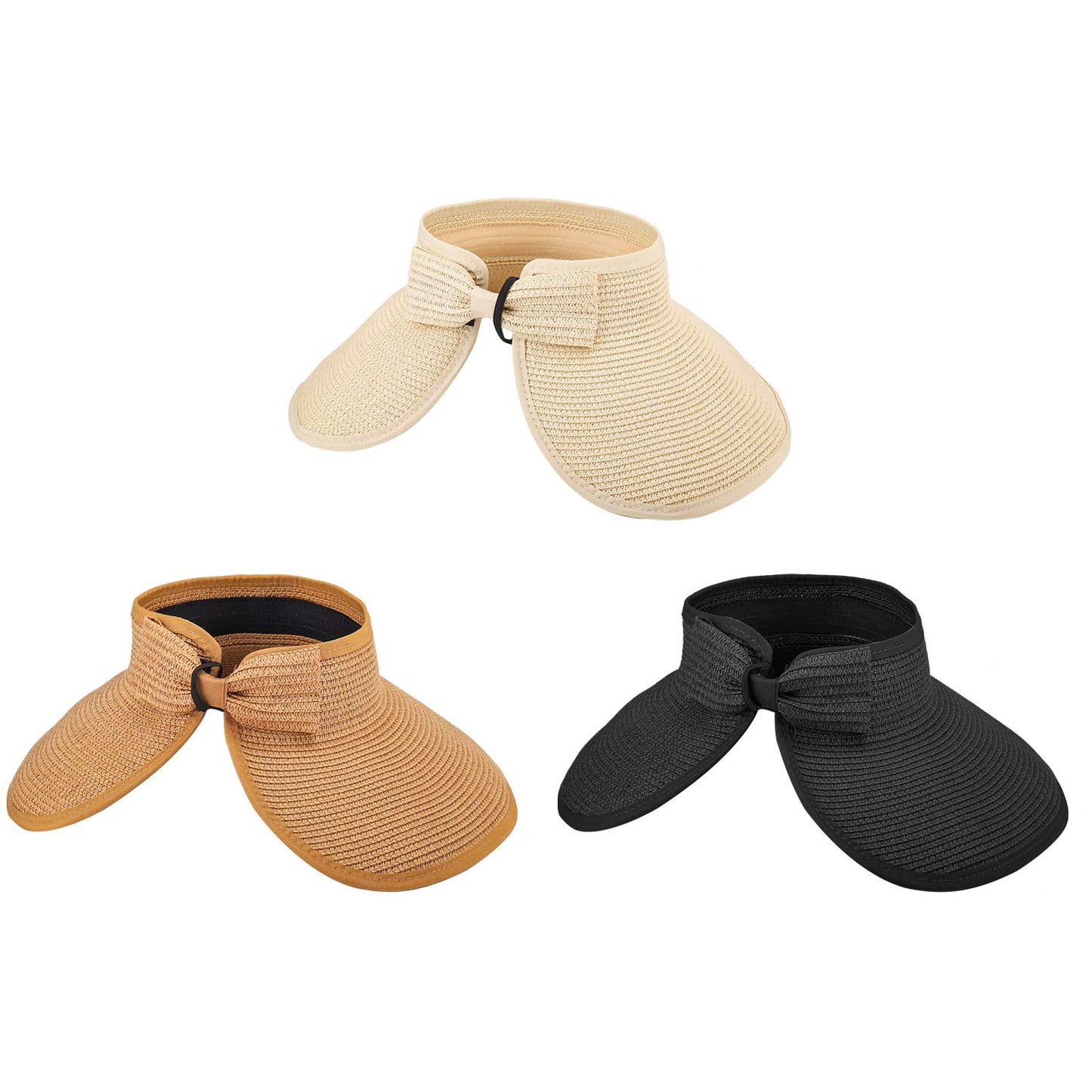 MEINICY 3PCS Foldable Straw Sun Visor Hats for Women, Wide Brim Ponytail Summer Beach Hat, Protect Your Skin Easily, Nature & Black & Beige