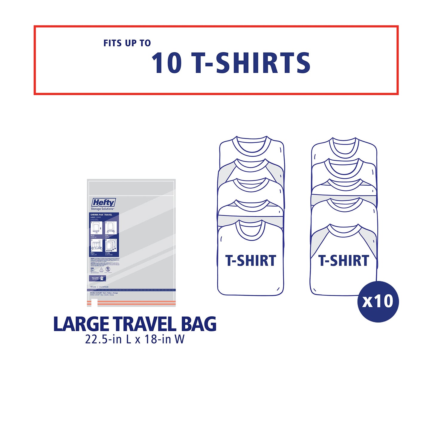 Hefty Shrink-Pak Large Travel Bags - Airtight Storage Bags for Maximum Space Saving, Travel Essentials, Ideal for Packing, Durable, Reliable Compression with Sealed Protection