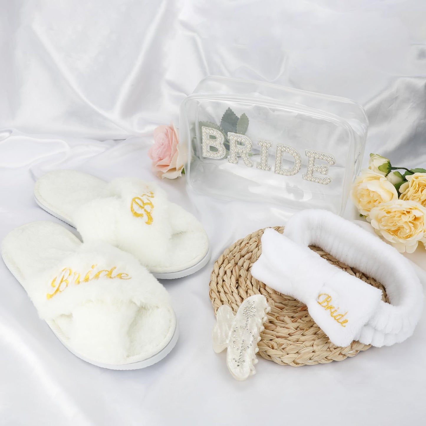 Hazms Bride To Be Gifts Set-4Pcs Bridal Shower Gifts Ideal Bride Gifts for Bachelorette, Wedding, Engagement and Honeymoon Bridal Hair Clip,Makeup Bag, Slippers, Hair Bands Bridal Gifts Set