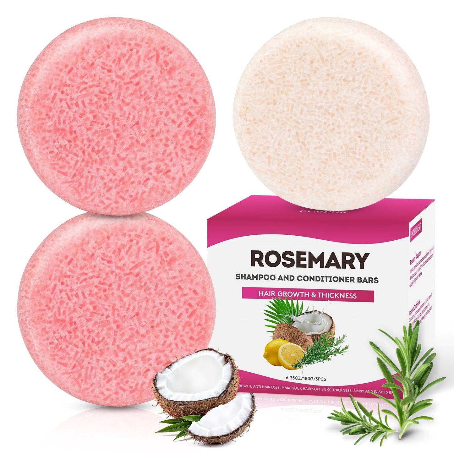 Pubpok Rosemary Shampoo Bars and Conditioner Set for Thinning Hair, Volume Solid Shampoo Bar, Hair Thickening & Regrowth, Coconut Oil Conditioner for Deep Moisturizing, Paraben & Silicone Free