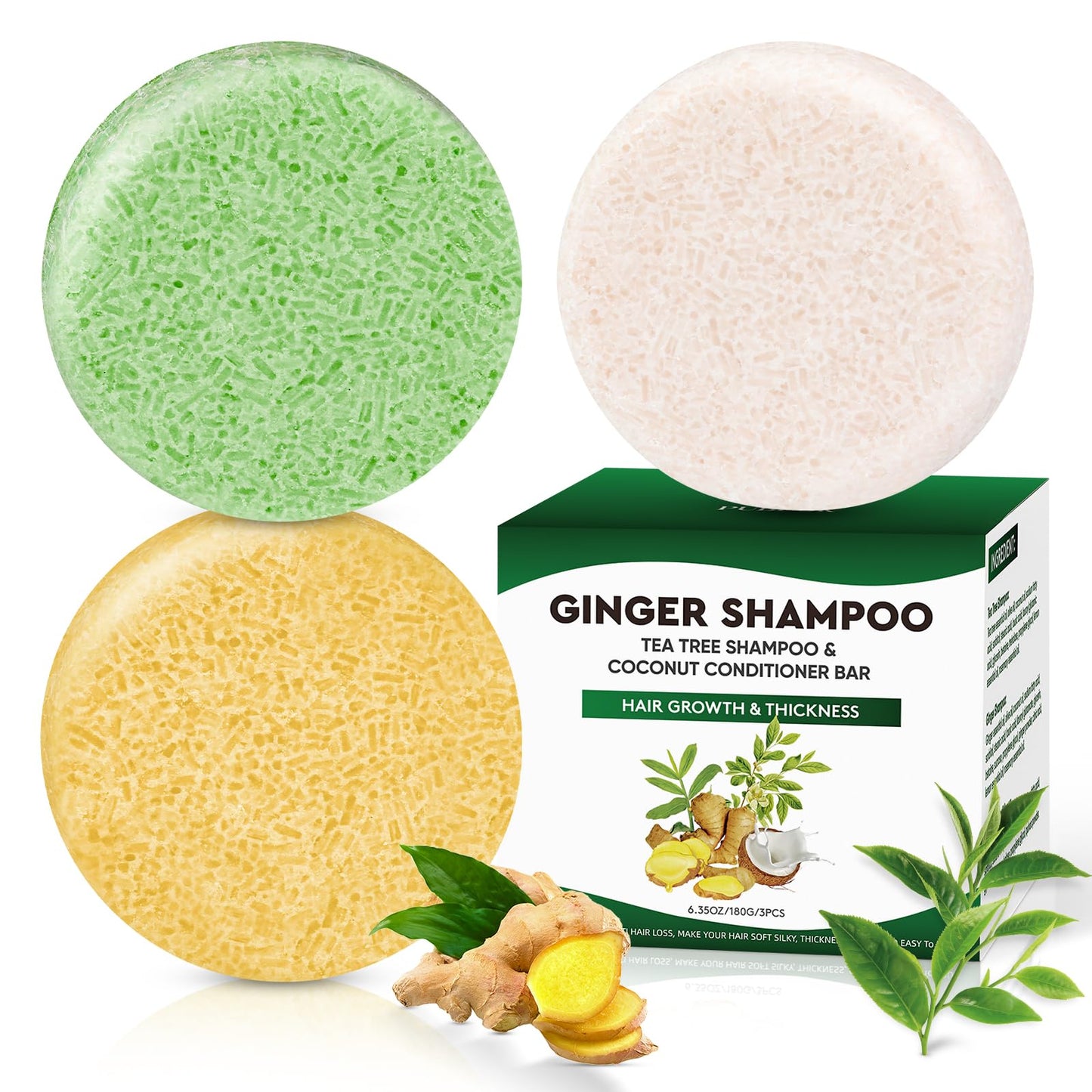 Pubpok Tea Tree & Organic Ginger Shampoo Bars and Conditioner Set, for Clarifying Grease, Promote Hair Growth, Anti Hair Loss, Coconut Oil Conditioner Solid Bar for Deep Moisturizing & PH Balanced