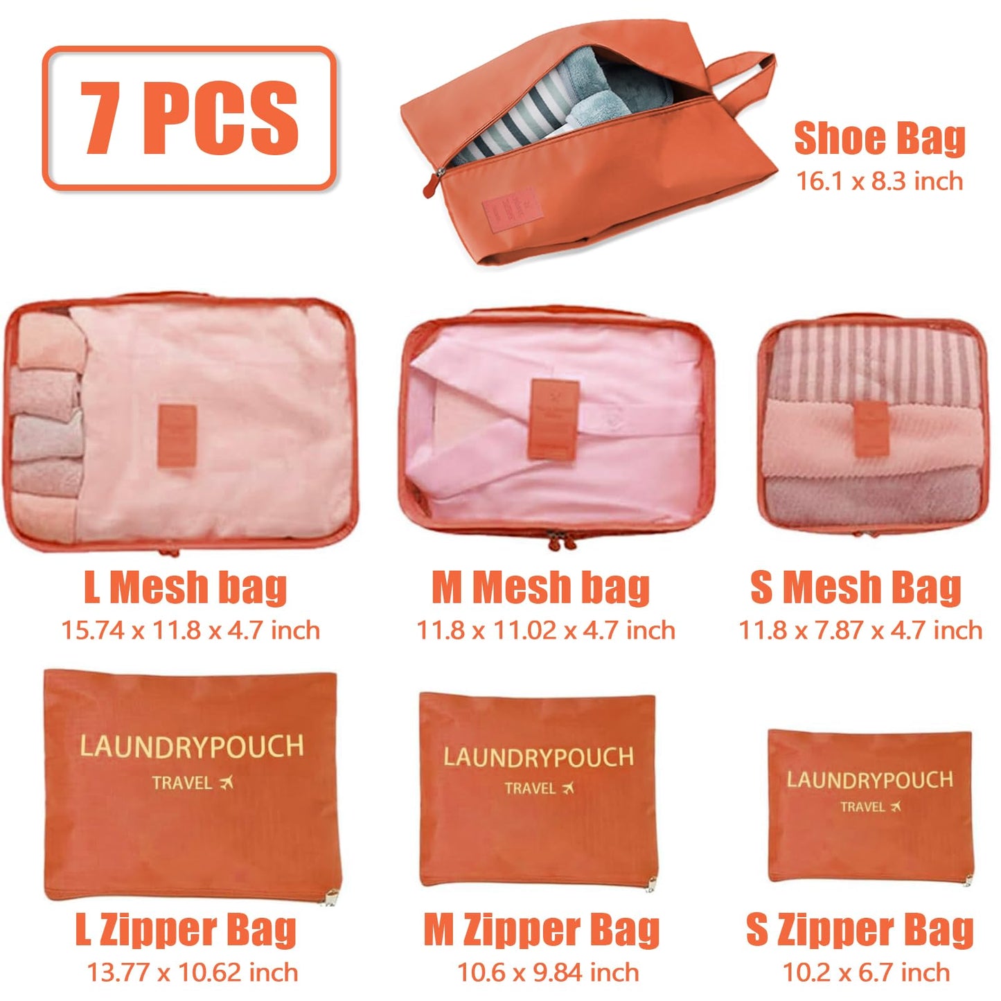 7 Set Packing Cubes for Travel Luggage Packing Bags Reusable Waterproof Suitcase Organizer Bags Set with Shoe Bag and Toiletry Bag (Orange)