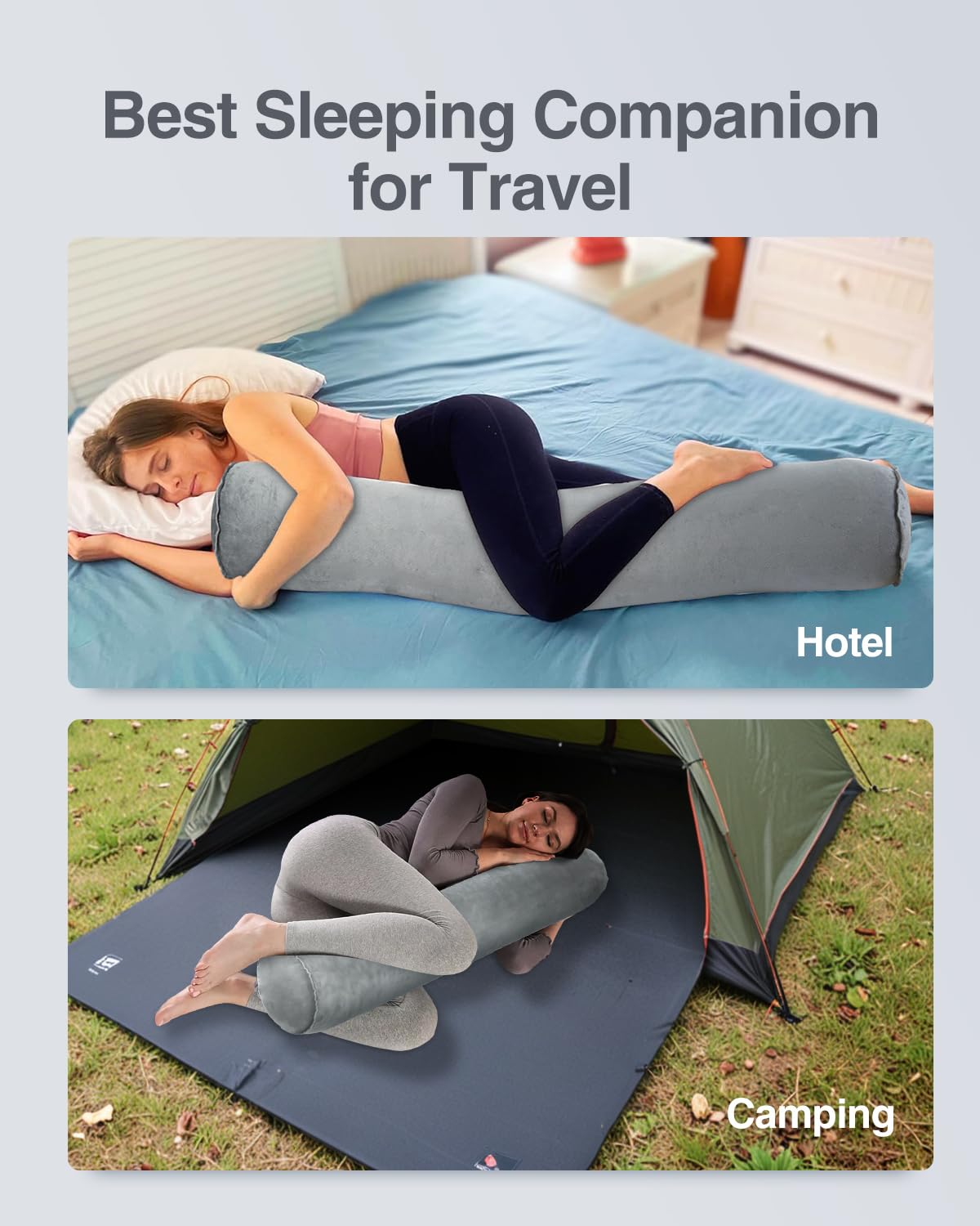 Luxtude Inflatable Body Pillow for Adults Kids, Travel Body Pillows for Side Sleeper, 47Inch Long Round Bolster Pillow for Camping, Round Cylinder Pillows for Hugging Sleeping, Back, Leg etc.