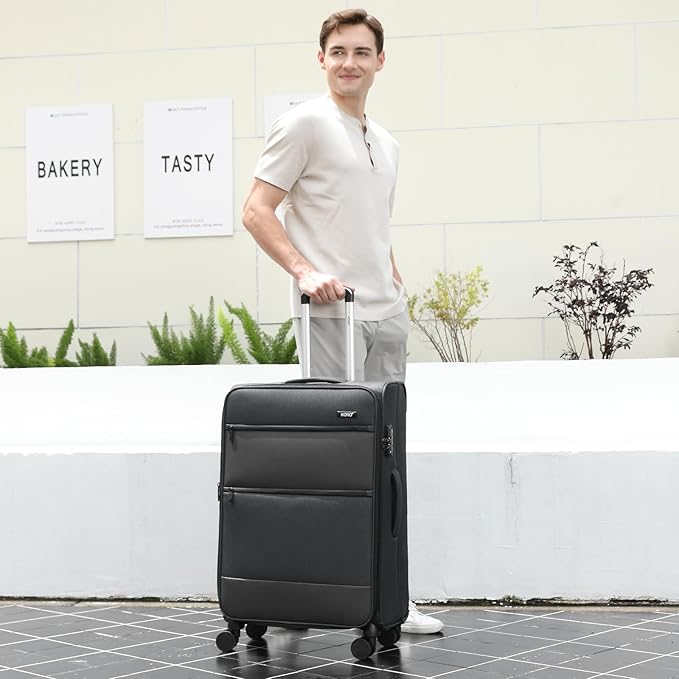 Kono 28 Inch Softside Expandable Checked Luggage with 8 Spinner Wheels TSA Lock Softshell Lightweight Business Travel Suitcase for Men and Women, Black