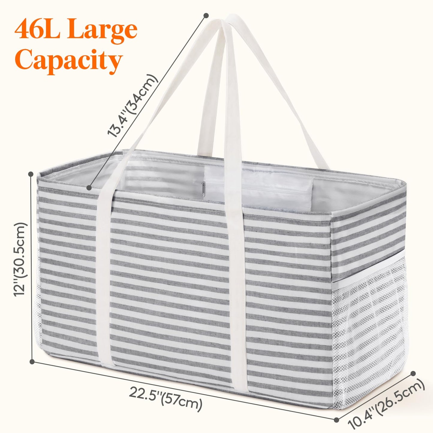 Lifewit Extra Large Tote Bag, Reusable Grocery Bags with Metal Wire Frame and Handles, Standing Utility Foldable Shopping Bags for Storage, Picnics, Beach, Pool, Laundry, Car, Camping, 1 Pack, Grey