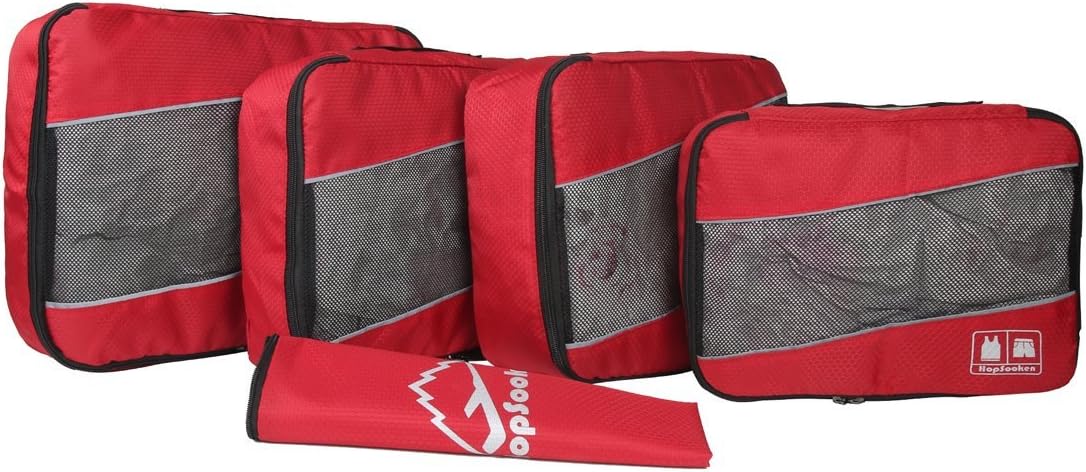 Hopsooken 5 Set Packing Cubes for Travel Large Suitcase Luggage Organizer Bags Travel Accessories Vacation 4 Cubes 1 Laundry Pouch Bag(Red)