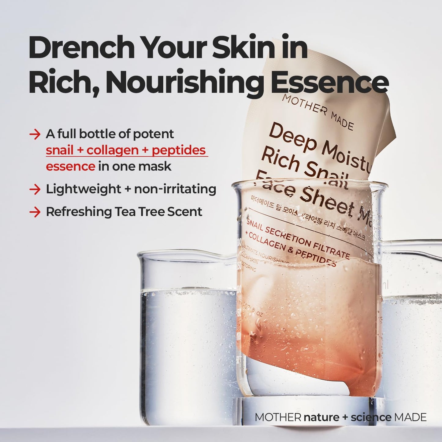 MOTHER MADE Deep Moisturizing Rich Snail Collagen Face Sheet Mask Pack of 5, with Snail Mucin, Low Molecular Collagens, Peptides, Niacinamide 2%, Korean Skin Care