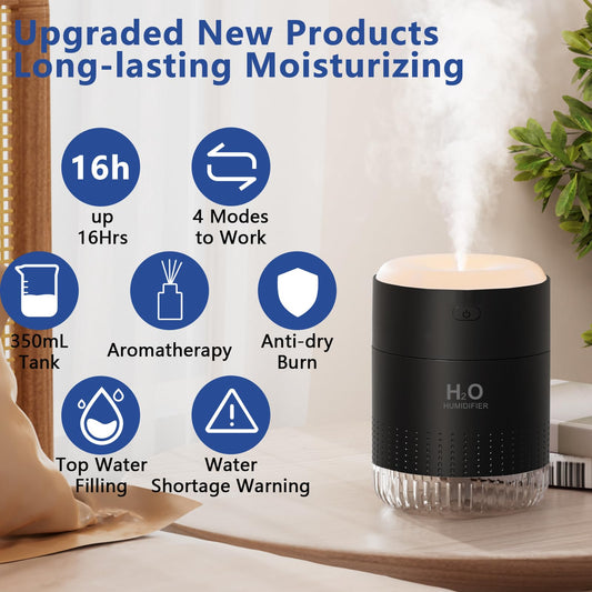 Colorful Mini Humidifier, USB Rechargeable Humidifier, small humidifier, 4 Modes Super Quiet, Humidifiers For Bedroom,Suitable For Travel Office Family Baby Bedroom-Black