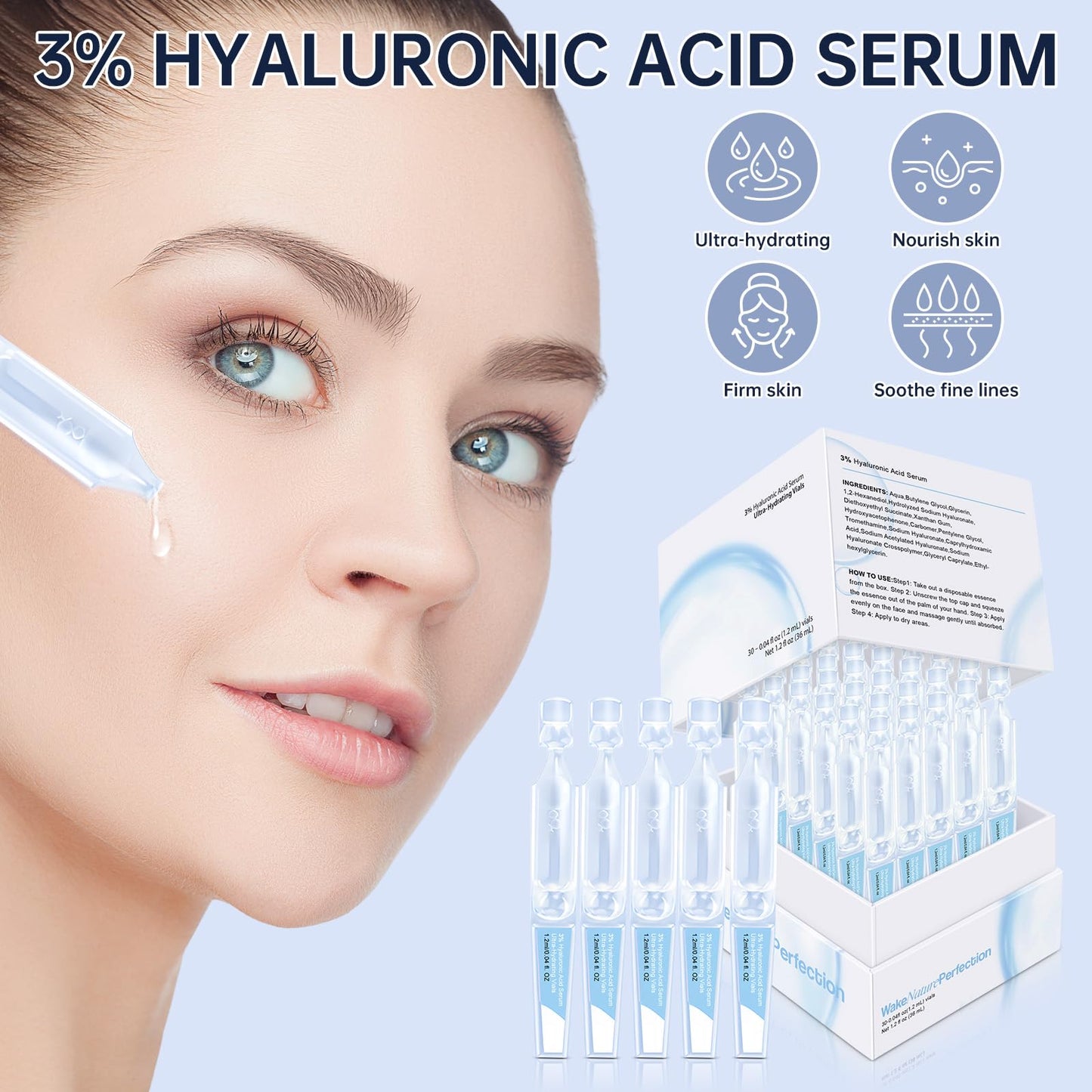 3% Hyaluronic Acid Serum Ultra-Hydrating Vials, 60pcs Hyaluronic Acid Tubes, Wake Nature Perfection, Hyaluronic Serum for Face, Ultra Hydrating Essence with Collagen & Hyaluronic