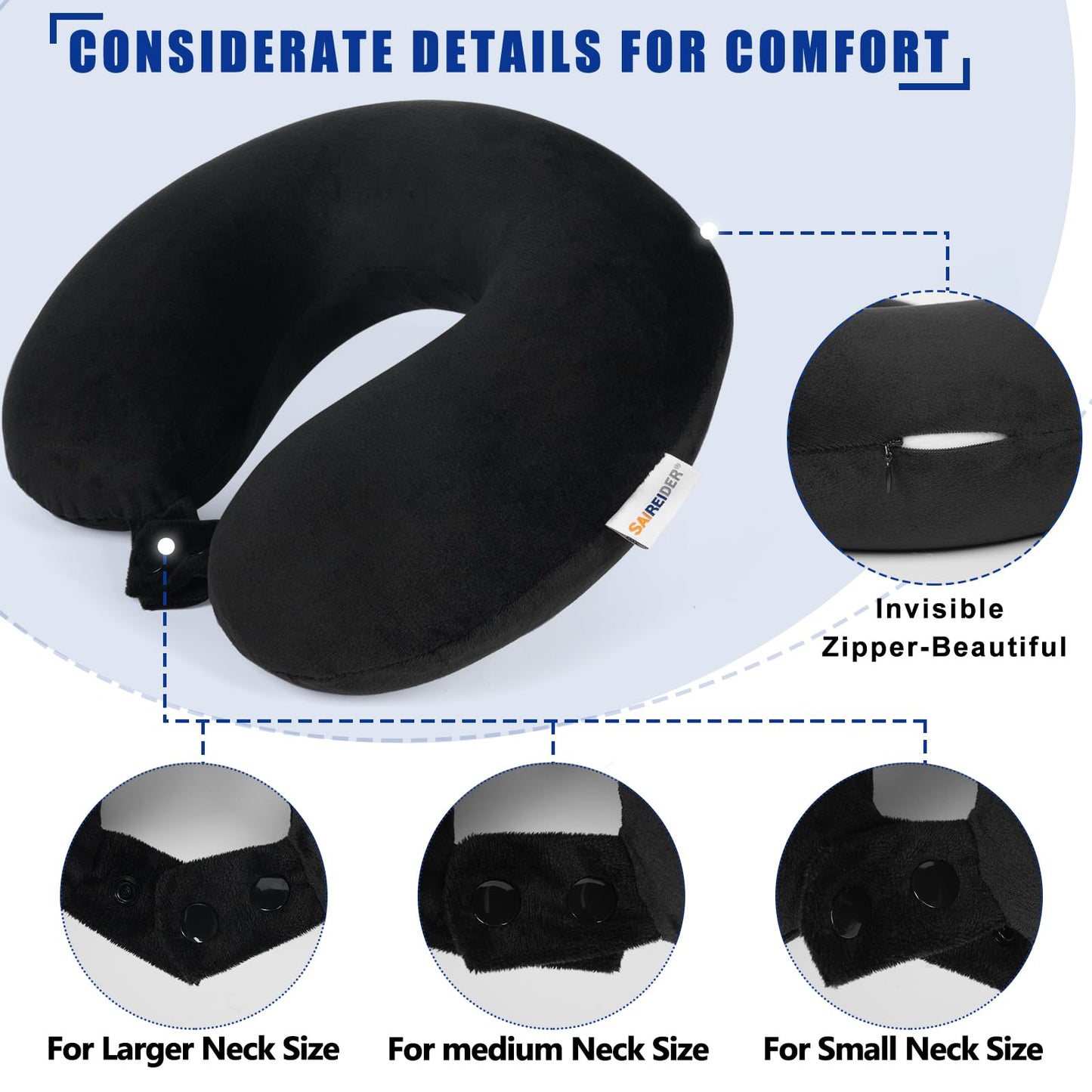 SAIREIDER Travel Pillow 100% Pure Memory Foam Travel Neck Pillow, Airplane Pillow for Traveling、Car、Home、Office,Washable Cover(Black)