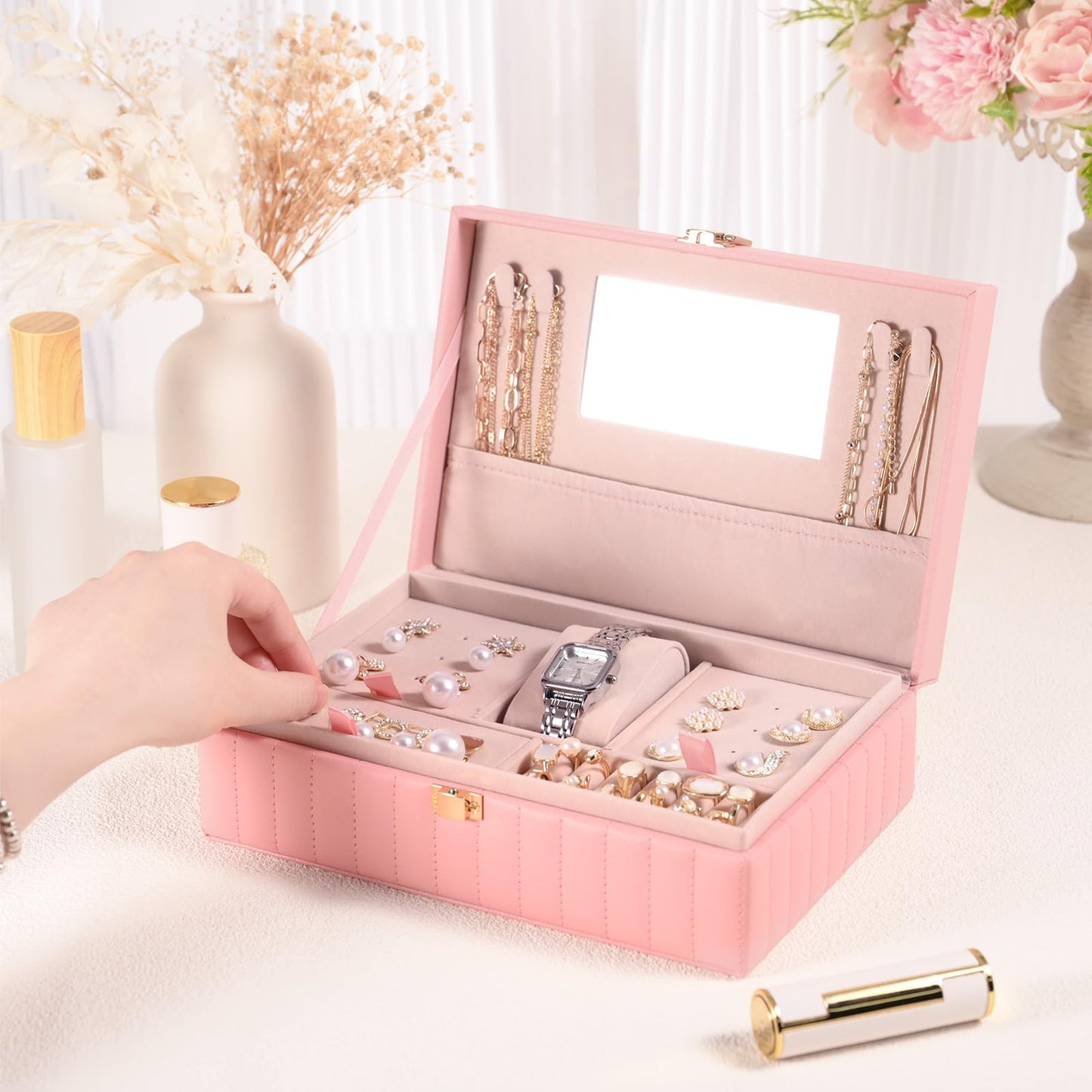 Emazerom PU Leather Travel Jewelry Case Twill Jewelry Organizer Box with Mirror 8.86 x 5.9 x 2.8 Inch Premium Portable Earrings Necklace Ring Storage Holder Display Gift (Pink)