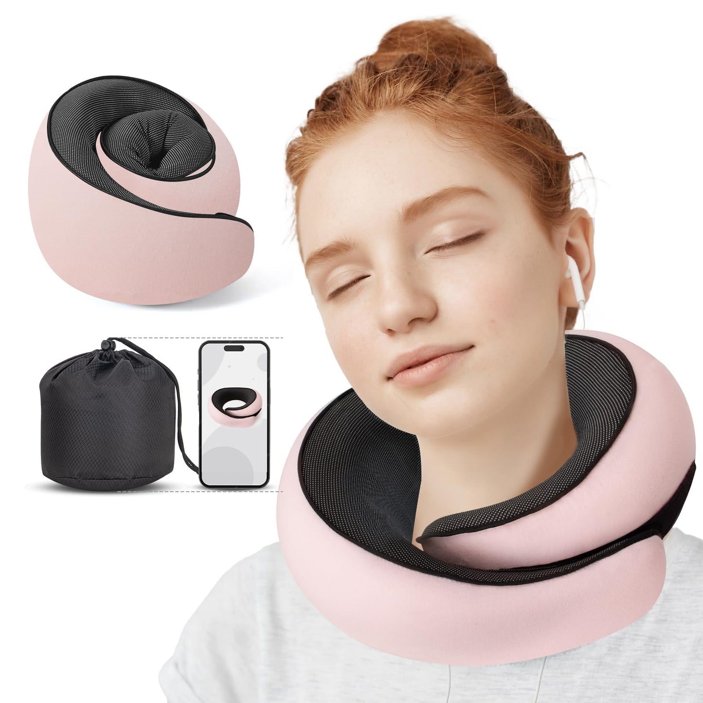 NOCRLG Travel Pillow, Travel Neck Pillow for Airplanes Car, 100% Pure Memory Foam Travel Pillow, Sleeping Essentials for Long Flight 360° Head Support Degree Comfort and Breathability (Pink)