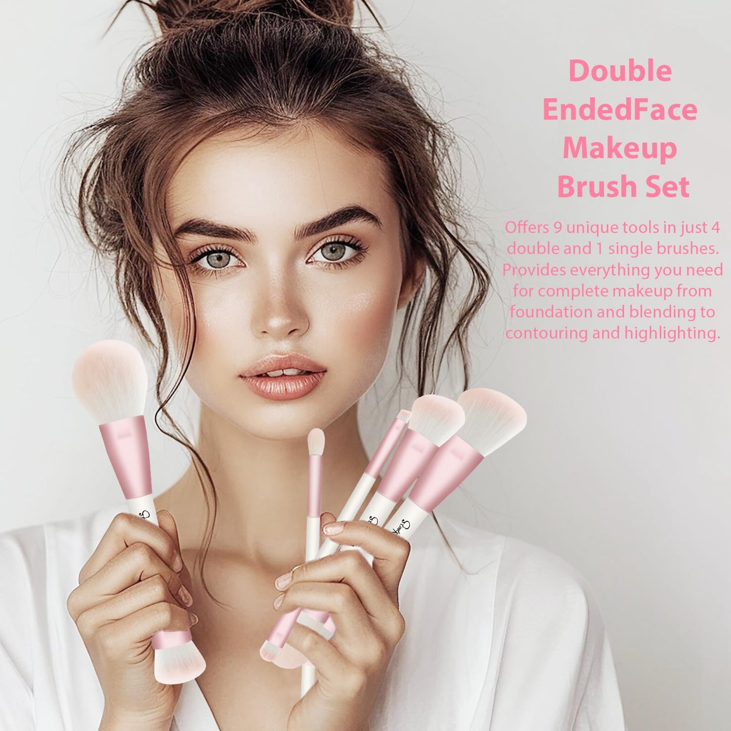 START MAKERS Makeup Brushes 5Pcs Dual Ended Pink Makeup Brush Set for Foundation Blush Bronzer Concealer Contour Powder Highlight Eyebrow Eyeshadow Blending, Travel Makeup Brushes with Bag
