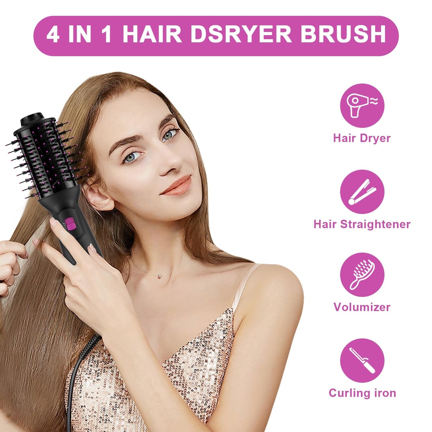 Dual Voltage Mini Hair Dryer Brush with UK/EU Plug, Blow Dryer Brushes 120V - 240V for European Travel, One Step Hair Dryer and Styler Volumizer with Negative Ion Anti-frizz Styling Brush