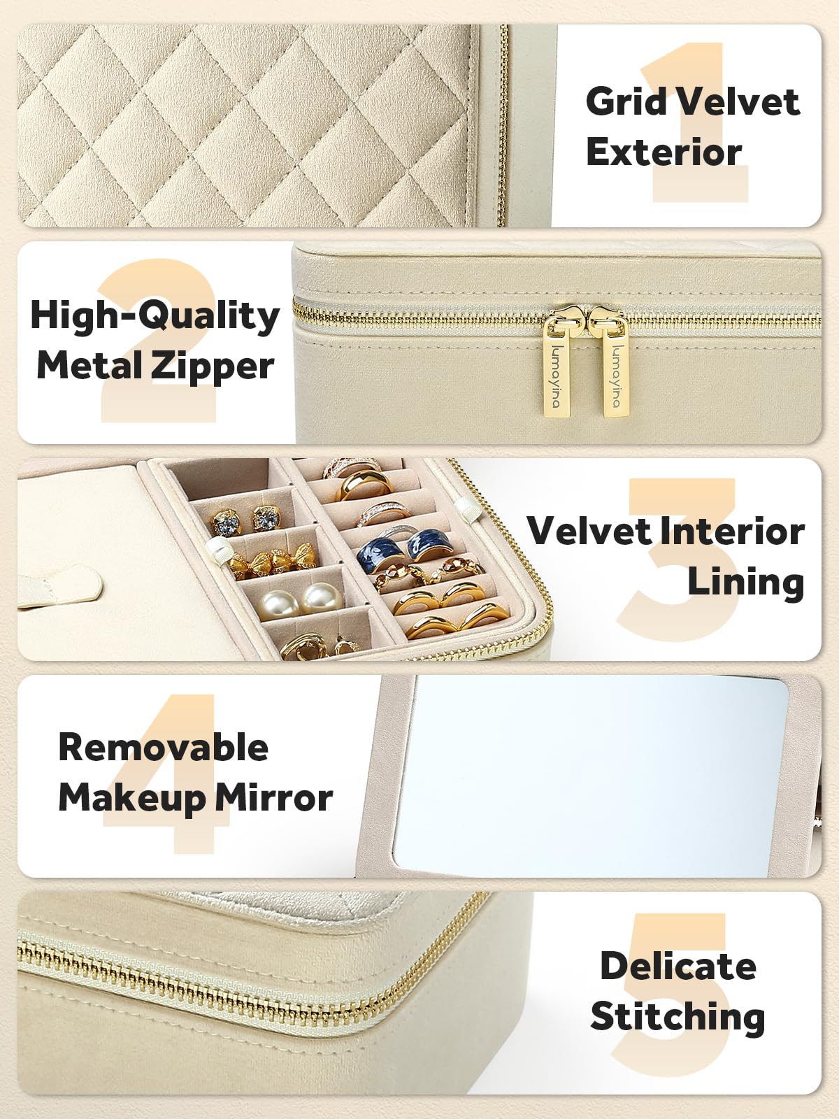 Lumayina Velvet Travel Jewelry Box with Large Mirror, Double-Layer Jewelry Organizer Case for Women and Girls, Portable Storage Case with 6 Anti-Tarnish Bags Gift Ready for Her (Beige)