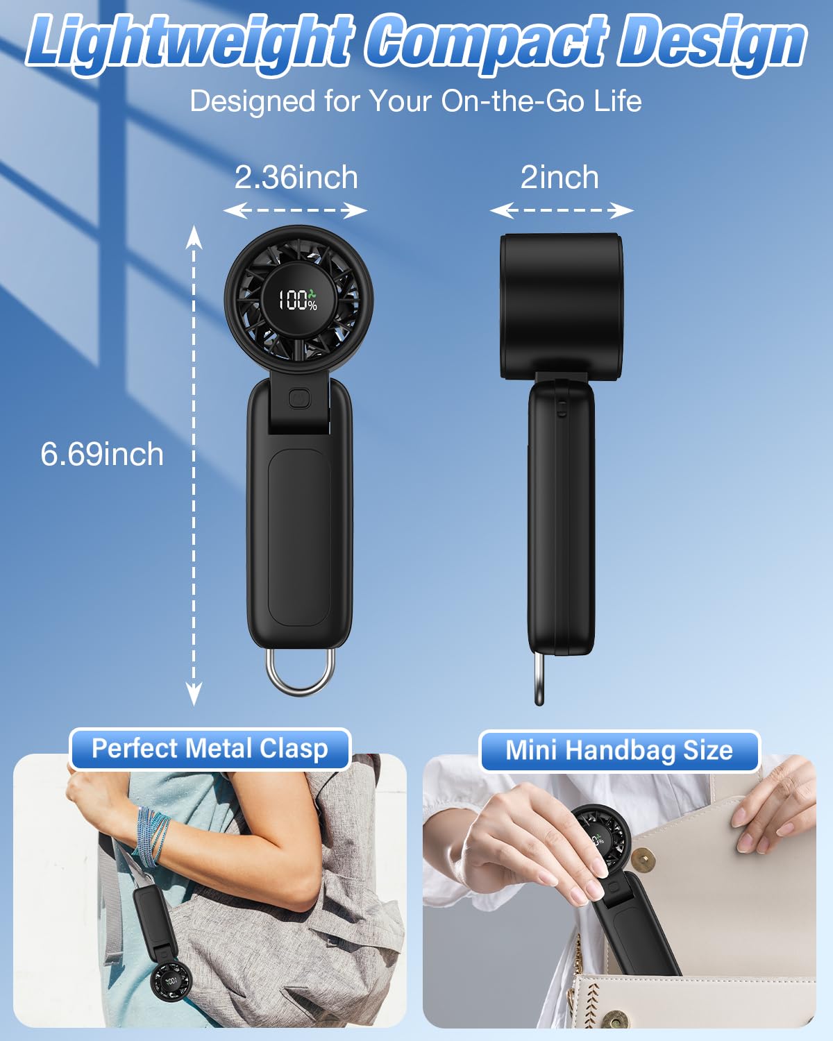 4 in 1 Handheld Portable Turbo Fan, 180° Foldable 6-Speed (1-100) Mini Fan, 5000mAh Rechargeable Battery Operated up to 15 Working Hours, LED Display Personal Cooling for Travel Indoor Outdoor Black