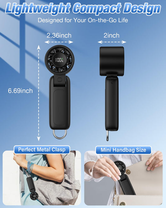 4 in 1 Handheld Portable Turbo Fan, 180° Foldable 6-Speed (1-100) Mini Fan, 5000mAh Rechargeable Battery Operated up to 15 Working Hours, LED Display Personal Cooling for Travel Indoor Outdoor Black